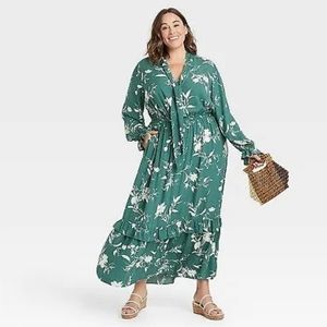 Women's Plus Size Long Sleeve Tiered Ruffle Dress - Ava & Viv Green X/14W